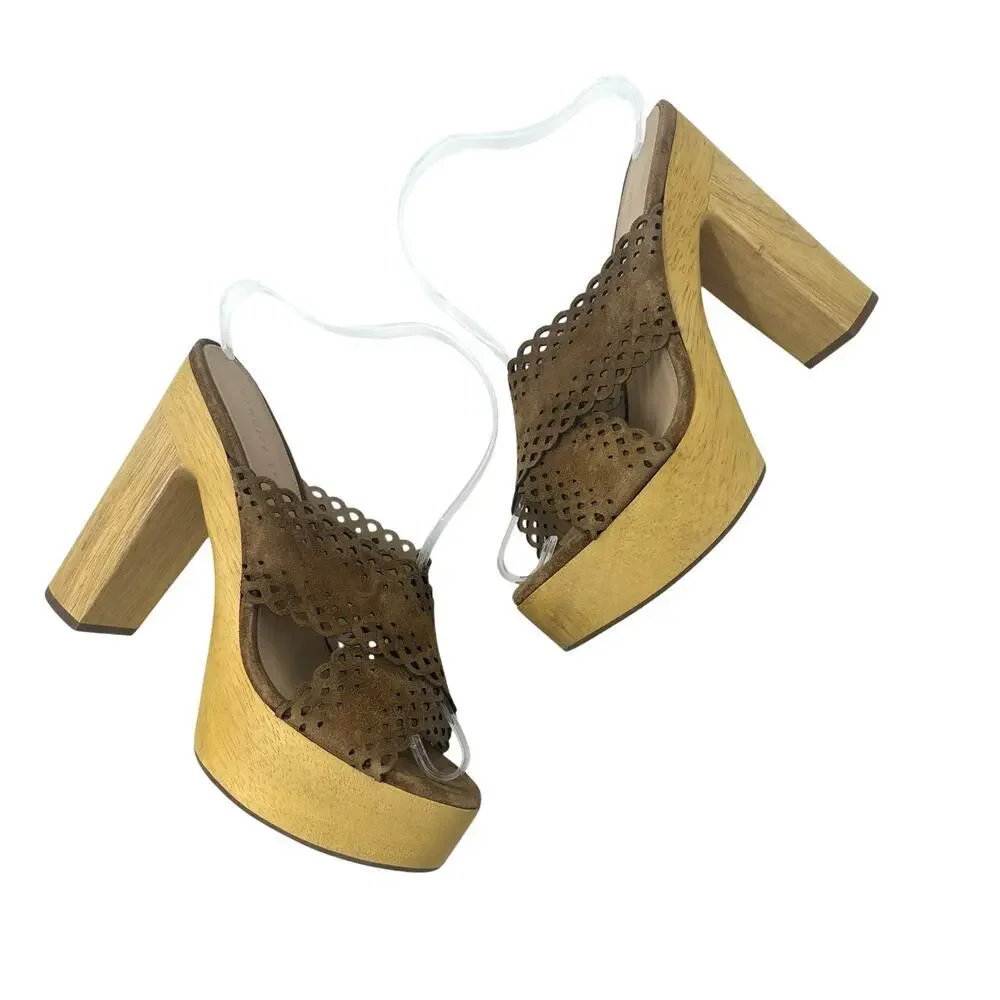 Veronica Beard Gaynor Clog Sandals Suede Scalloped Hazelwood Brown Size 10‎